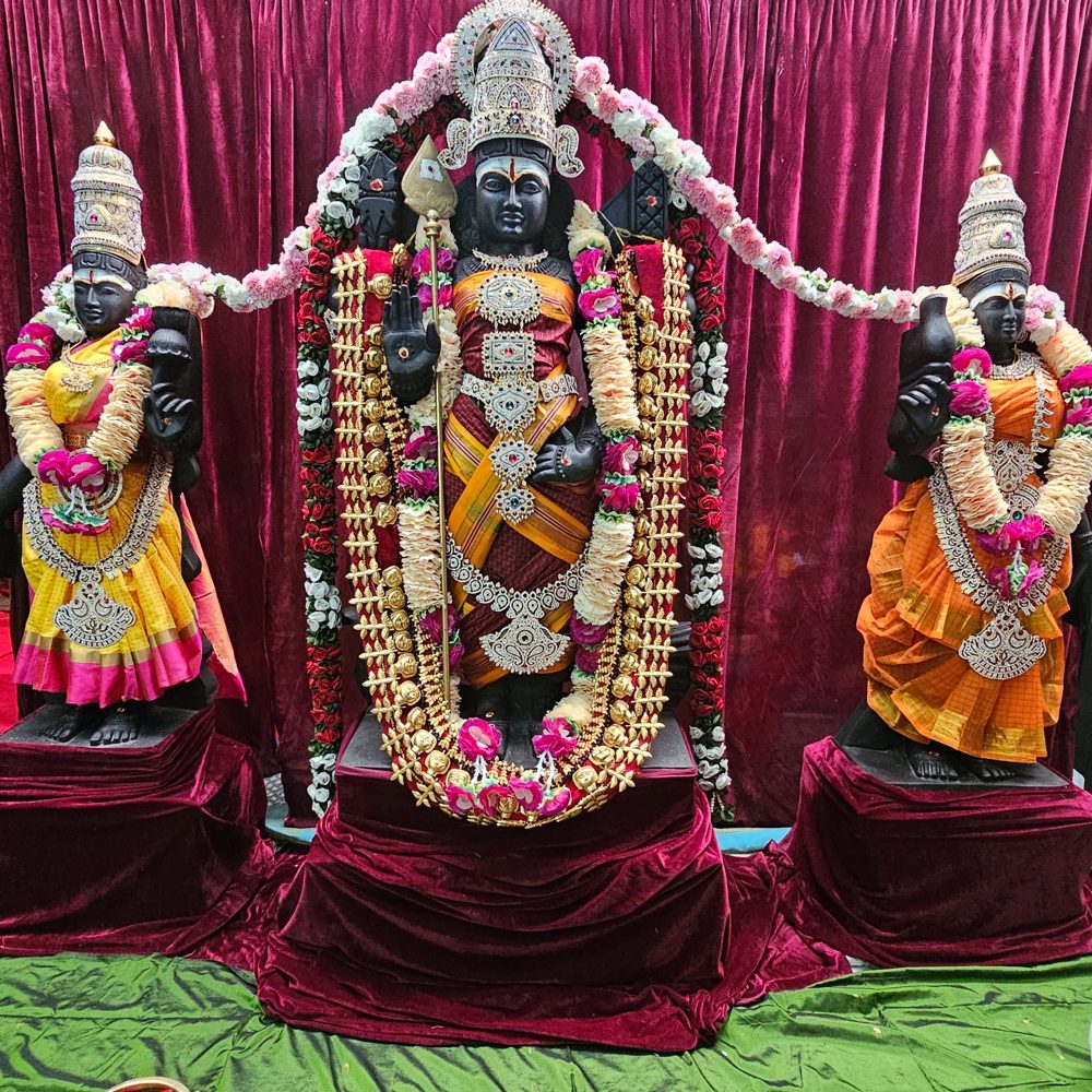 Sri Subramanya with Valli and Devasena in alankaram